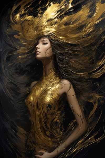 تصویر فیگور زنانه با موهای بلند و لباس طلایی برای چاپ پرده