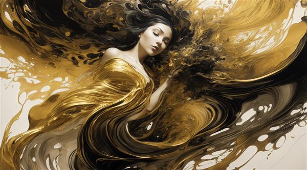 عکس زن با موهای مشکی و طلایی مایع برای پوستر دیواری باکیفیت