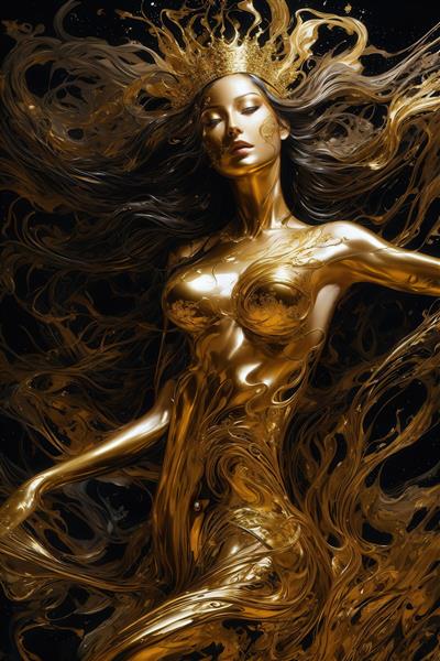 تصویر زن با تاج سلطنتی و بدن طلایی مایع برای پوستر لوکس باکیفیت