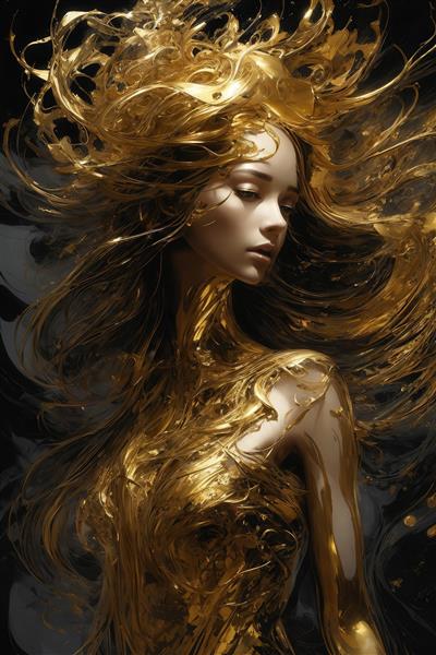 عکس زن با موهای طلایی آبشاری و نیم‌تنه براق برای تابلو اتاق خواب