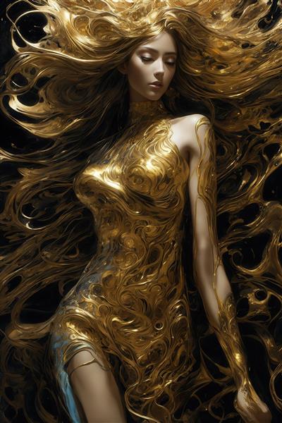 طرح تمام‌قد زن با لباس طلایی و موهای بلند روان برای پوستر دکوراسیون