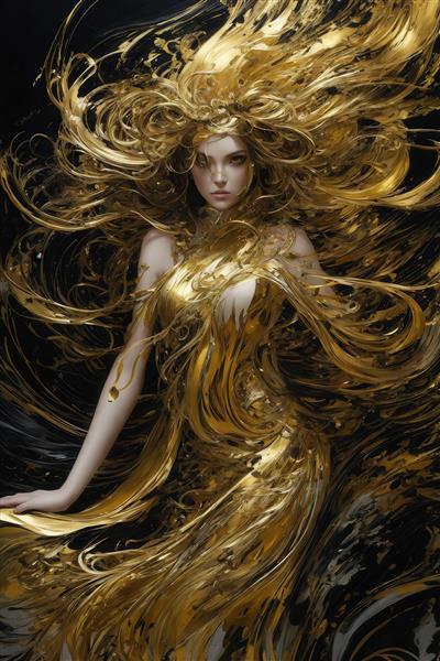 تصویر زن با موهای طلایی روان و لباس مجلسی در زمینه تیره برای چاپ