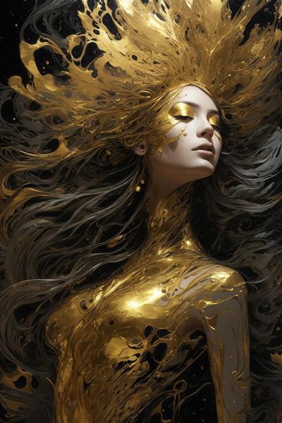 تصویر زن با بدن طلایی مایع و چشمان بسته برای پوستر دیواری فانتزی