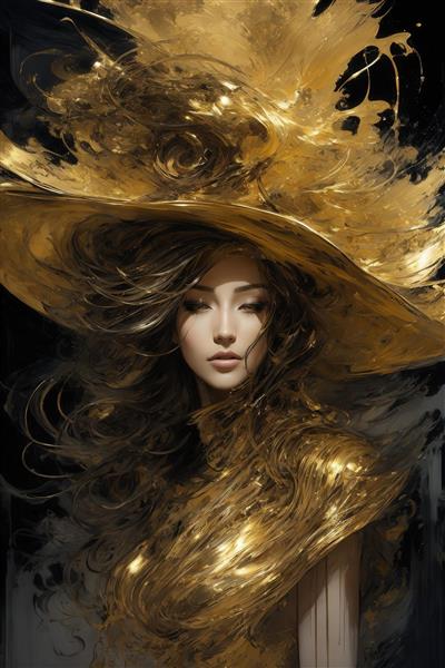 عکس پرتره زن با کلاه لبه‌پهن طلایی و موهای روان برای چاپ باکیفیت