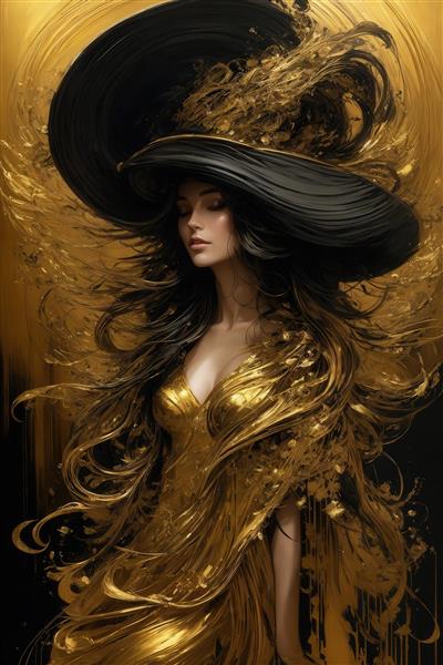 طرح زن با کلاه بزرگ مشکی و لباس طلایی مایع برای تابلو دکوراتیو مدرن