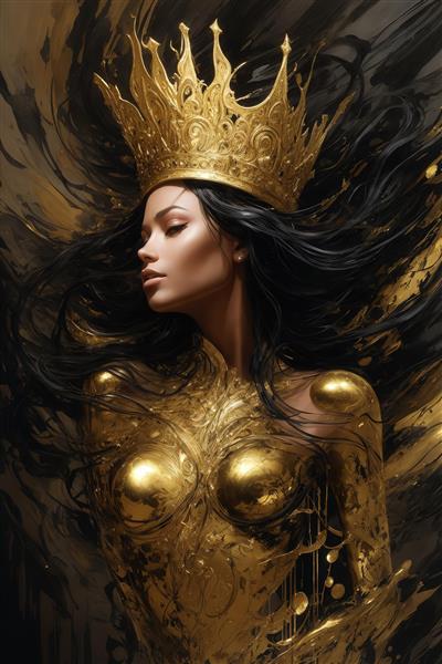 تصویر زن با تاج سلطنتی طلایی و موهای مشکی برای چاپ تابلو دکوراتیو