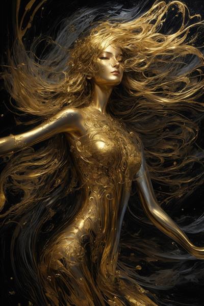 عکس تمام‌قد زن با بدن و موی مایع طلایی برای پوستر بزرگ دیواری