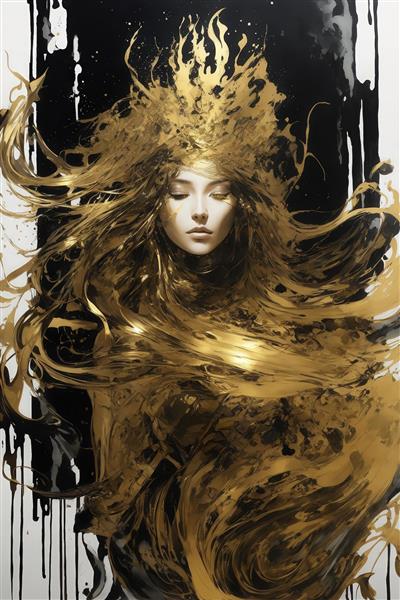 طرح پرتره زن با تاج آبشاری طلایی روی زمینه سیاه و سفید
