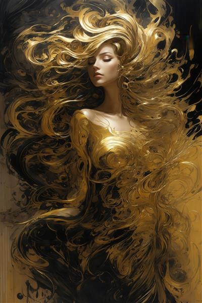 طرح نیم‌تنه زن با موهای طلایی و لباس سیاه برای تابلو دکوراتیو لوکس