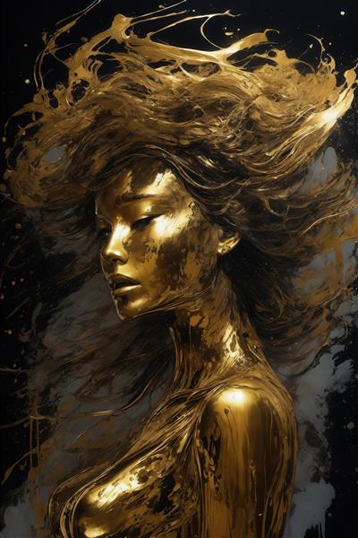 تصویر چهره زن با موهای طلایی روان و بدن براق برای پوستر دکوراسیون