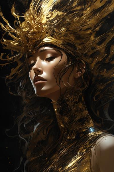 پرتره زن با کلاه طلایی و گردنبند بلند برای پوستر دیواری مدرن