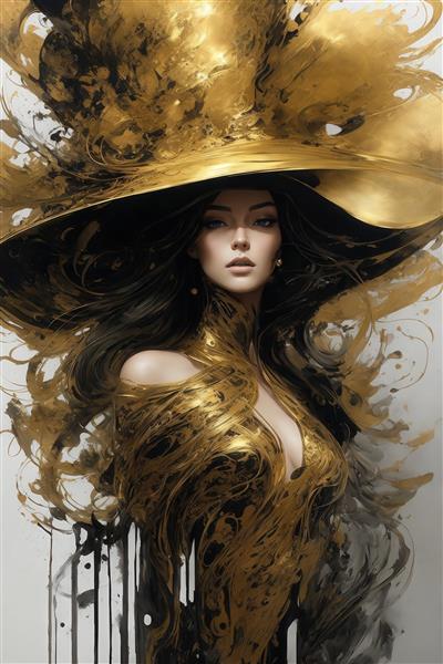 عکس زن با کلاه بزرگ طلایی مایع و لباس مشکی برای چاپ عریض مدرن