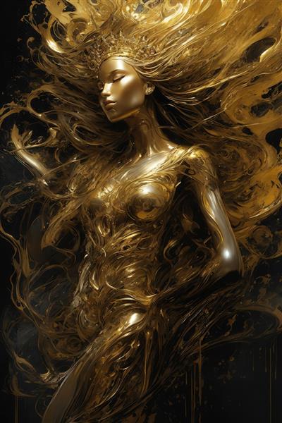 تصویر تمام‌قد زن با بدن و موی مایع طلایی برای تابلو لوکس دکوراتیو