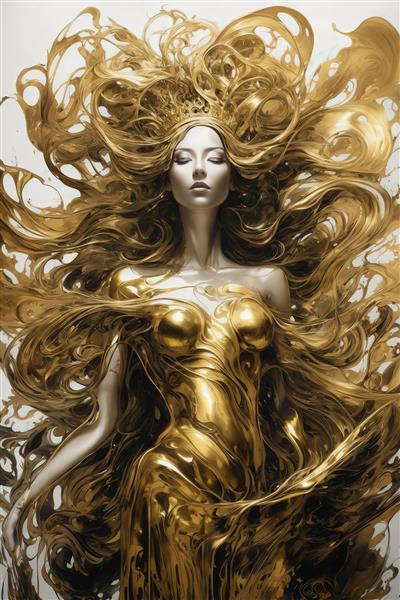 عکس زن با تاج و موهای طلایی روان روی زمینه سفید برای چاپ دکوراتیو