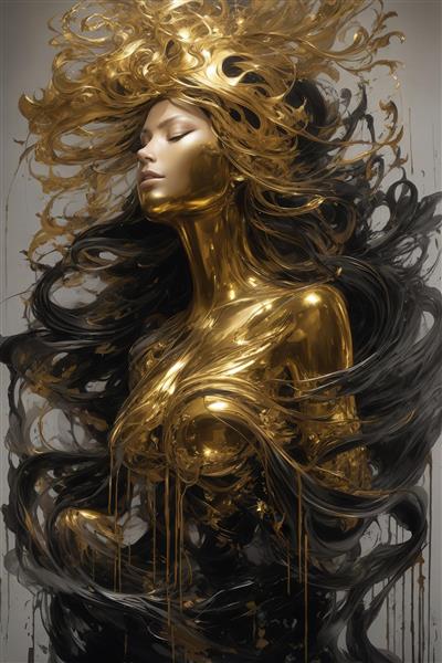 طرح زن با بدن طلایی و موهای مشکی جاری برای پوستر عریض دکوراسیون