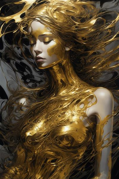 تصویر چهره زن با مو و بدن طلایی مایع روی پرده یا روتختی دکوراتیو