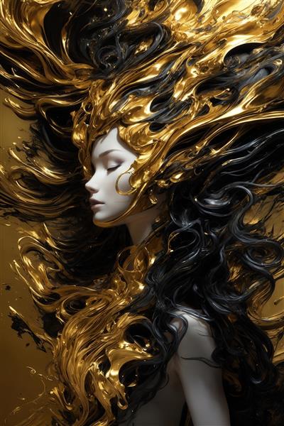 طرح زن فانتزی با کلاهخود طلایی روی موهای مشکی برای پوستر باکیفیت