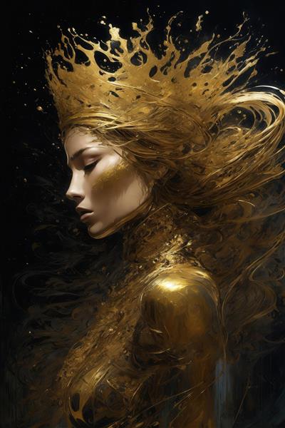 عکس زن طلایی با موهای آبشاری روی زمینه تیره برای تابلو دکوراتیو
