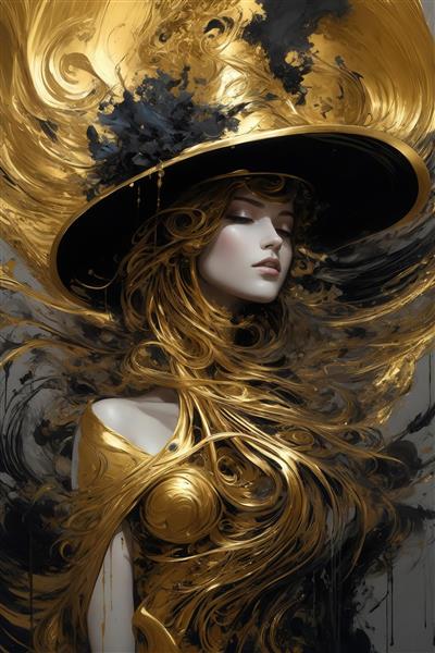 طرح زن با کلاه بزرگ مشکی طلایی برای دکوراسیون سالن