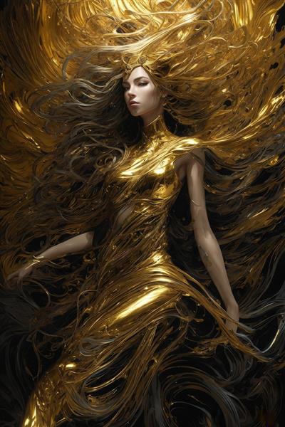 تصویر تمام قد زن با لباس طلایی مایع برای تابلو