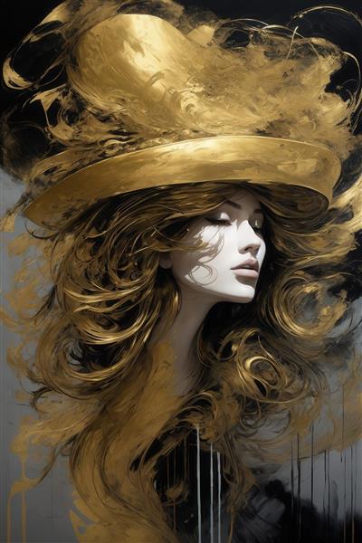 نقاشی زن با کلاه کلاسیک طلایی برای تابلو کافه