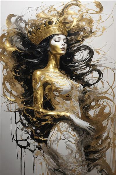 نقاشی دیجیتال ملکه با تاج و موهای طلایی سیاه