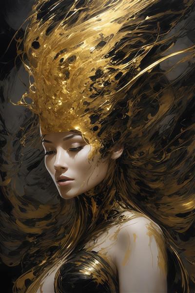 تصویر فانتزی چهره زن با تاج طلایی مایع برای چاپ