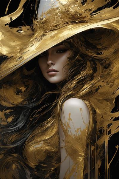 عکس زن جذاب با کلاه طلایی مایع برای تابلو اتاق خواب
