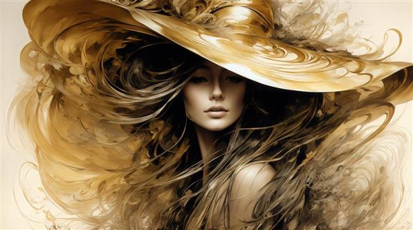 نقاشی دیجیتال زن زیبا با کلاه طلایی برای دکوراسیون مدرن