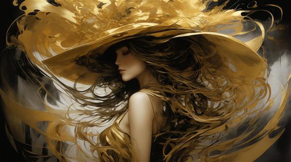 تصویر هنری زن با کلاه بزرگ طلایی برای پوستر دیواری