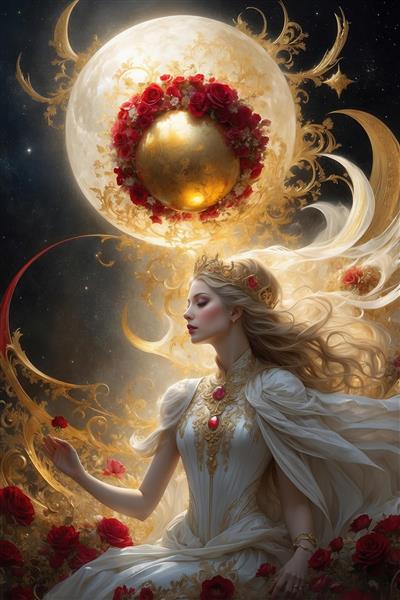 عکس رویایی زن فانتزی در میان گل‌های رز برای پرده