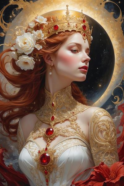 تصویر زن اشرافی فانتزی با جواهرات سرخ و طلایی