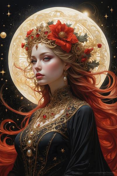 عکس زن فانتزی مو قرمز با تاج گل برای تابلو