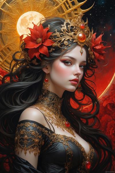 عکس زن فانتزی مو مشکی با تاج دکوراتیو مجلل