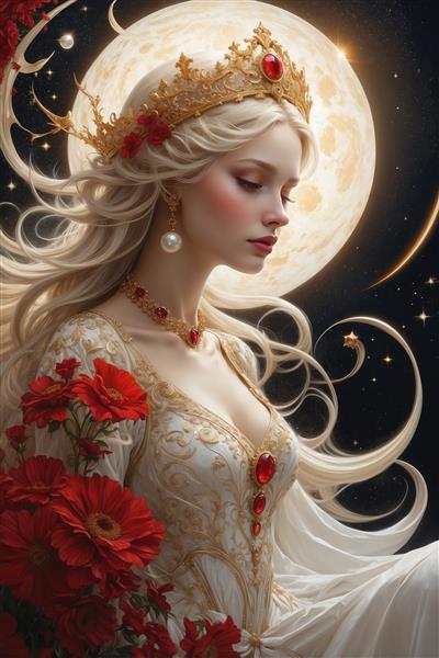 تصویر نقاشی زن فانتزی با گل قرمز برای تابلو اتاق