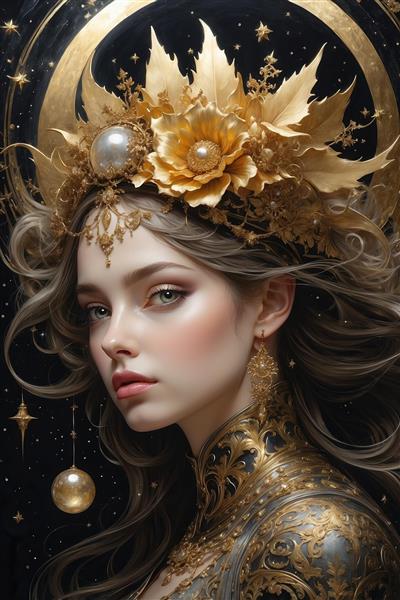 تصویر ملکه فانتزی با تاج طلایی و مروارید برای تابلو