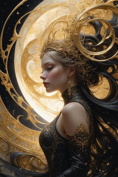 تصویر فانتزی نیم‌رخ ملکه با لباس مشکی و مروارید