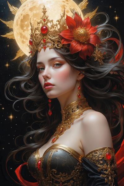 پرتره ملکه فانتزی با تاج گل قرمز برای پوستر دیواری
