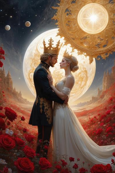 تصویر فانتزی پادشاه و ملکه در باغ گل رز
