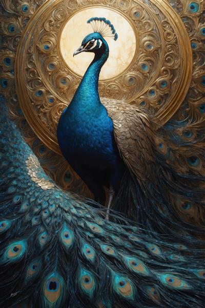 طرح طاووس آبی و طلایی برای چاپ روی پرده