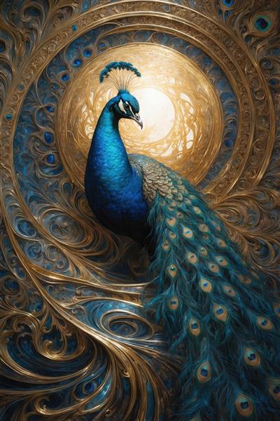 تصویر طاووس اسلیمی با نقوش طلایی برای چاپ بوم