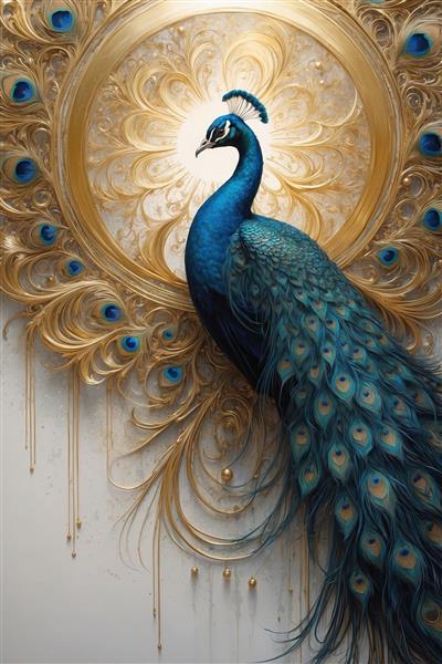 طرح طاووس دکوراتیو آبی و طلایی برای پوستر دیواری