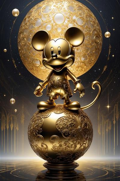 مجسمه میکی موس طلایی روی کره برای پوستر خاص