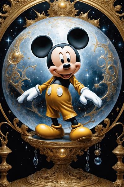 تصویر میکی موس فانتزی روی پایه طلایی برای پوستر