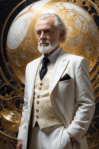 عکس پیرمرد ثروتمند فانتزی با کت‌وشلوار سفید برای تابلو مدرن