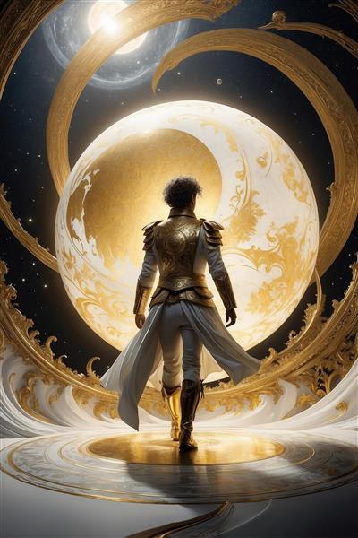 تصویر فانتزی شوالیه فضایی در میان سیارات برای پوستر دیواری