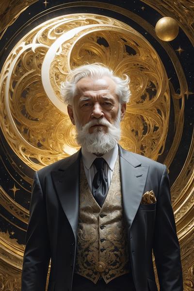 طرح دکوراتیو پیرمرد با کت‌وشلوار رسمی و ماه انتزاعی