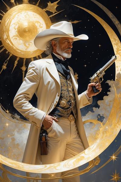 طرح فانتزی گاوچران سفیدپوش با تفنگ و ماه طلایی