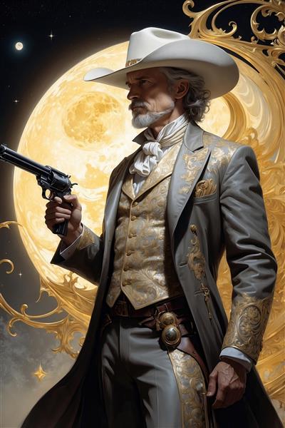 طرح دکوراتیو کابوی پیر با تفنگ در مقابل ماه بزرگ