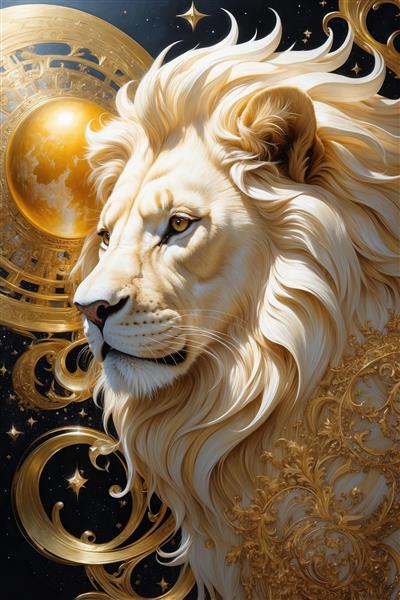 عکس فانتزی شیر سفید و ماه طلایی برای اتاق خواب